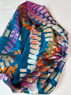 Vtg Echo Silk Square Scarf Color Block Pop Art Purple Blue Orange Pink 34" Mod - Image 1 of 4