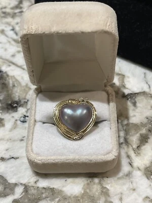 Anel vintage em forma de coração pérola mabe ouro 14k e diamantes, lindo - Imagem 1 de 4