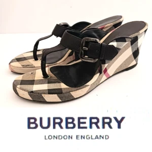 Burberry Nova Check Thong Wedge Sandal Blk Leather Buckle Strap EU 39 US 8-8.5 - Picture 1 of 15