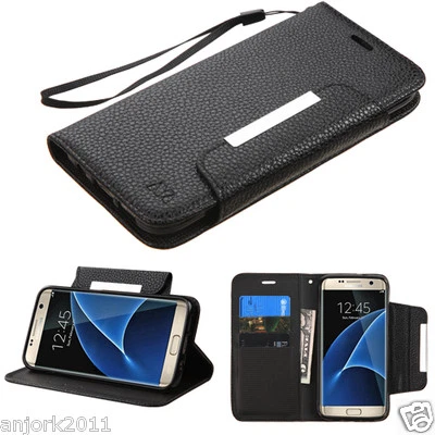 BLACK FAUX LEATHER FOLIO CASE W/ID SLOT COVER FOR SAMSUNG GALAXY S7 EDGE - Image 1 of 4