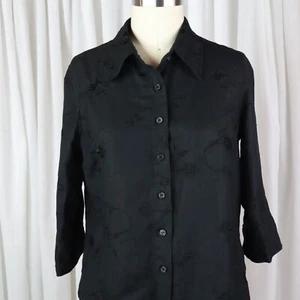 Womens Floral Embroidered Top Shirt Size 12P Blouse Linen Rayon Blend 12 Petite - Picture 1 of 12