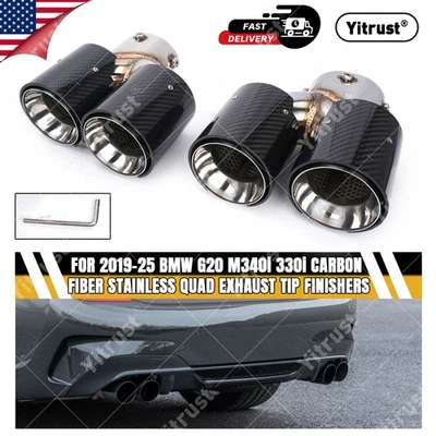 PARA BMW G20 M340i 330i 2019-25 FIBRA DE CARBONO ACERO INOXIDABLE CUÁDRUPLE PUNTA DE ESCAPE ACABADOS Foto 1 de 4