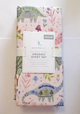 Pottery Barn Floral Dino Organic Toddler Bed Sheet Set Dinosaurs - Image 1 of 4