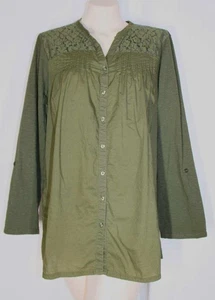 Coldwater Creek 16 XL Olive Green Button Front Lace Front Yoke Gathered Top - Picture 1 of 5