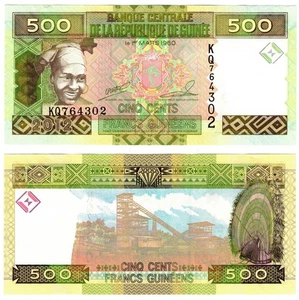 GUINEA 500 FRANCS 2012 UNC KG,INDUSTRIAL SCENE,FEMALE AT LEFT,PORTRAIT OF A SMIL - Picture 1 of 1