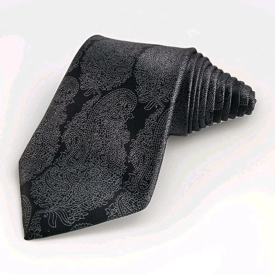 Ermenegildo Zegna Silk Tie Paisley Black Silver Gray Floral Satin Long 60+ Italy - Image 1 of 4