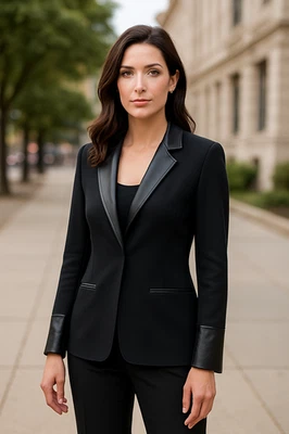 HELMUT LANG women wool blazer lamb leather black professional office formal 2 - Image 1 of 4