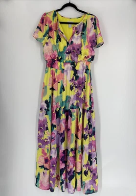 Nicole Miller Maxi Dress - Floral, V Neck, Yellow Pink - Size Medium - Image 1 of 4