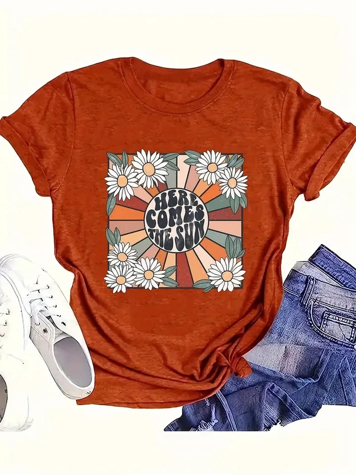Retro Flowers "Here Comes The Sun" Daisy T-Shirt Women's Floral Pretty Cute Top - Image 1 of 4