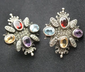 STERLING JUDITH JACK Marcasite and Gemstone Clip/Post Earrings - Picture 1 of 4