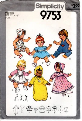 "Wardrobe for Baby Dolls" ©1980 Simplicity Pattern # 9753 Medium 15"-16" UNCUT - Image 1 of 4
