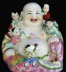 VINTAGE HAPPY BUDAI BUDDHA WITH 5 HAPPY LUCKY CHILDREN FERTILITY GOD JINGDEZHEN - Picture 1 of 10