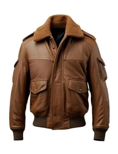 Men's Brown Leather Bomber Jacket Flight Aviator Jacker with Shearling Collar - Picture 1 of 3