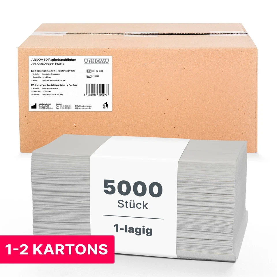 ARNOMED 5000 - 10000x Papierhandtücher 1 lagig Handtücher Papier V-Falz Papiertuch 25x2