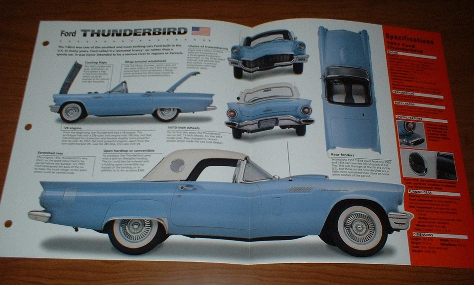 Ford Thunderbird 1957 hoja de especificaciones folleto foto póster impresión información 57 55 56 Foto 1 de 1