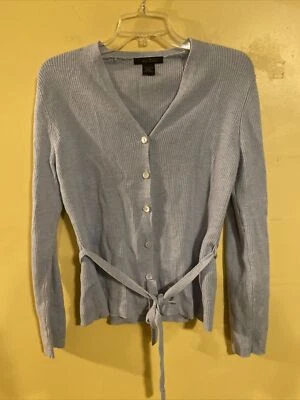 Cárdigan Suéter The Limited Botón Frontal Azul 100% Lana Merino Corbata Frontal Talla L Foto 1 de 4