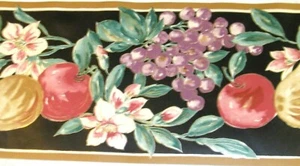 WALLPAPER BORDER Fruit Flowers Black Tan Trim Purple Green Red Wall EH00076 NIP - Picture 1 of 3