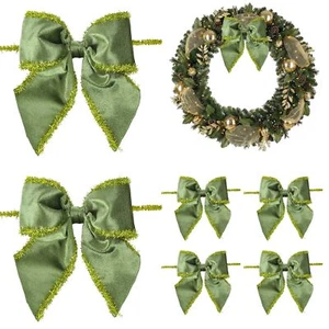 5" Moss Green Bows Velvet Ribbon Bows with Gold Tinsel Edge Green Christmas B... - Picture 1 of 9