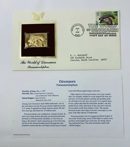 Die Welt der Dinosaurier Parasaurolophus Ersttagsausgabe 22 kt Gold Replik Briefmarke - Bild 1 von 4