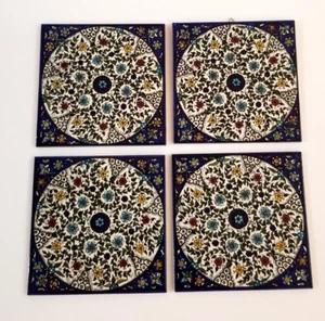 Barbour Ceramics Tile 6x6 square Set of 4 Cobalt Blue and Multi-Colored Floral - Picture 1 of 12