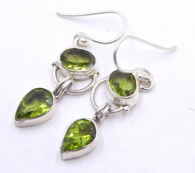 3.70 Gm 925 Sterling Silver Natural Peridot Cut Stone Handmade Earring Size 1.5" - Image 1 of 2