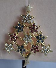 KIRKS FOLLY  CHRISTMAS TREE RED, WHITE AND BLUE  PIN GOLD  TONE 