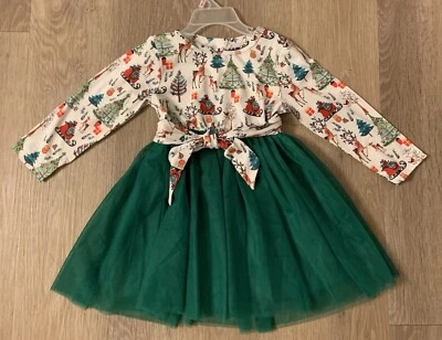 Nuevo Vestido de Vacaciones Boutique Niña Talla 18-24 Meses Verde Con Renos y Árboles Foto 1 de 4