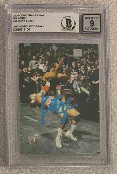 KURT ANGLE SIGNED 2000 COMIC IMAGES WWF NO MERCY ROOKIE CARD   BECKETT 9 - Image 1 of 1