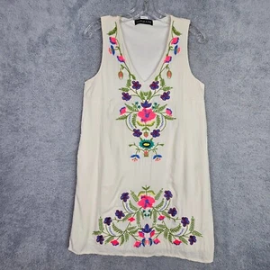 Vestido Boho Mujer S M Beige Bordado Floral México Puebla Sin Mangas Rayón - Imagen 1 de 24