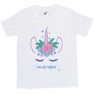 T-Shirt Delicata Ciglia Grandi Buon Natale Auguri Unicorno Bambini Ragazze - Foto 1 di 2