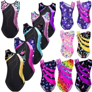 Girls Kids Shiny Gymnastics Leotard Sleeveless Color Block Ballet Dance Costumes - Picture 1 of 117