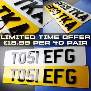 PAIR OF Luxury 4D 3mm MOT/ROAD Legal Car Registration Number Plates 3D Raised - Picture 1 of 4