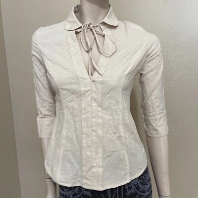 Women’s Beige Cotton Casual Button Zipper Glitter Tie Collared Size S Top Blouse - Image 1 of 4