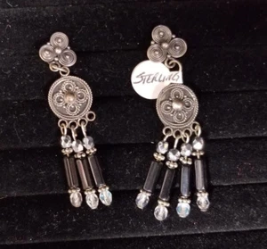 Vintage Sterling Silver Dangle Earrings with Onyx - Picture 1 of 2