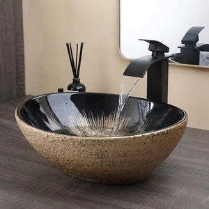 Oval Ceramic Bathroom Sink Black Waterfall Deck Mount Mixer Brass Taps Set Drain - Picture 1 of 7