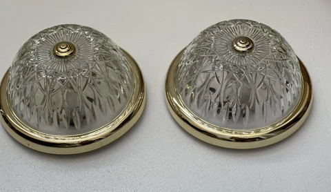 Vintage Brass Crystal Clear Glass Flush Mount Chandelier Ceiling Light Pair 10 “ Cover