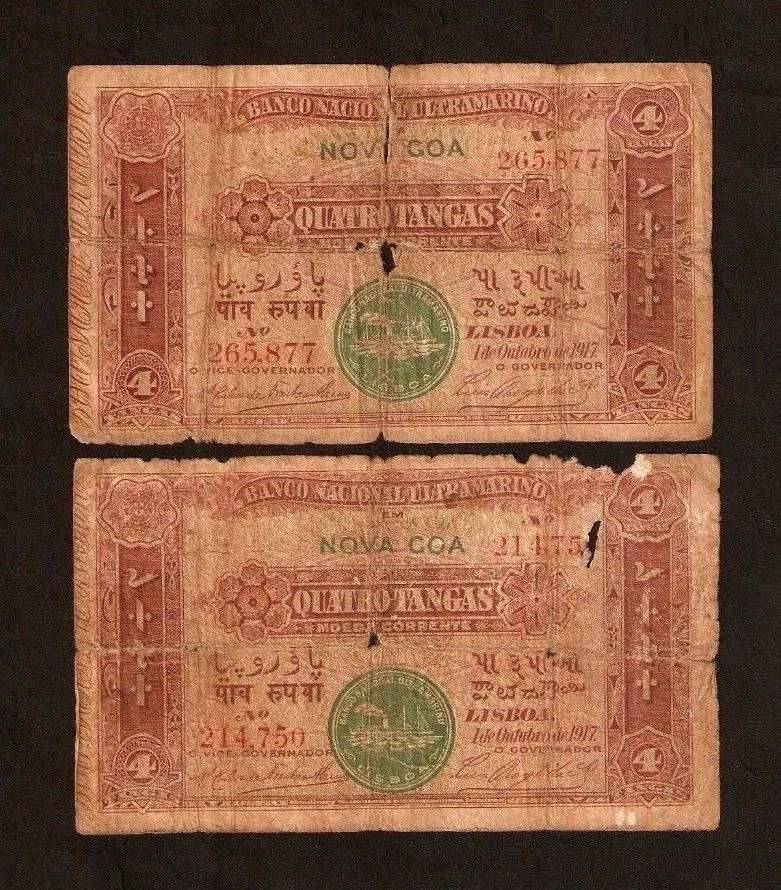 PORTUGUESE INDIA 4 TANGAS P-19 1917 SHIP INDIAN STATE MONEY RARE ASIAN BANK NOTE - Image 1 of 3