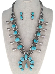 Natural Morenci Turquoise Squash Blossom Necklace And Matching Earrings - Picture 1 of 5