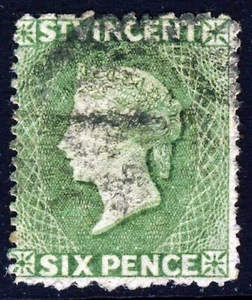 ST. VINCENT QV 1877 Six Pence Pale Green Wmk Lge Star Sideways P11½x15 SG 23 VFU - Picture 1 of 2