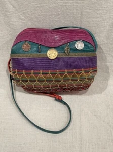 Sharif USA Round Shoulder Bag With Charms Coins & Feather Color Block 90s Y2k - Picture 1 of 21