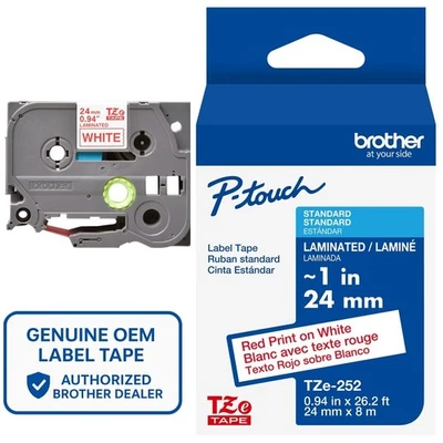 Genuine Brother TZe-252 Red on White 24mm 1" P-Touch Label Tape - Image 1 of 4