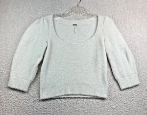 Free People Cropped Sweater Womens Small White Faux Fur Wide Neck Puff Sleeve - Picture 1 of 10