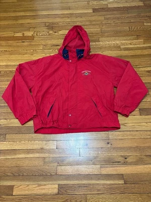 Chaqueta de lluvia cortavientos vintage Oarsman Foxwoods talla 2XL XXL roja cremallera completa con capucha Foto 1 de 4