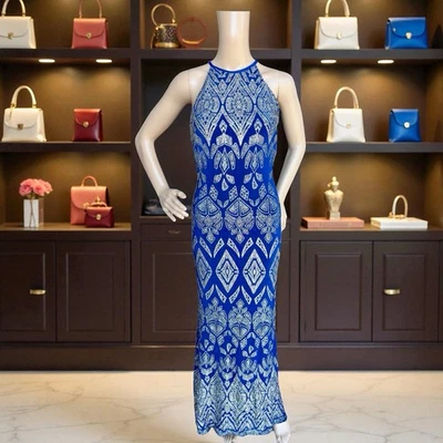 Jump Apparel Wendye Choitin Royal Blue Gold Glitter PROM Vintage Y2K Dress 1/2 - Image 1 of 4