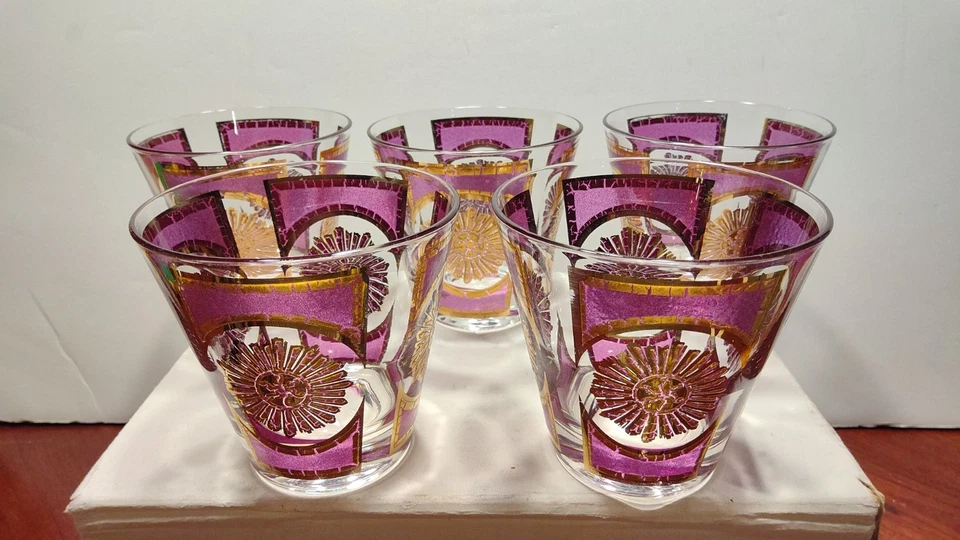 Set of 5 Culver Amethyst Sunburst 3 1/2" Tall Whiskey Glasses - Image 1 of 4