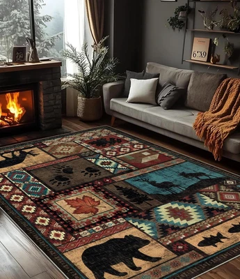 Небольшой ковер деревенской кабины 5X7, машинная стирка домик медведь ковер, нескользящий низкий ворс принт - Изображение 1 из 4