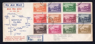 NORFOLK ISLAND 1947 FDC Cover to Canada. Set of 12 Stamps. Map Cachet - Image 1 of 2