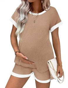 Women Waffle Knit Maternity Pajamas 2 Pieces Outfits Loose Short Sleeve T-shi... - Picture 1 of 6