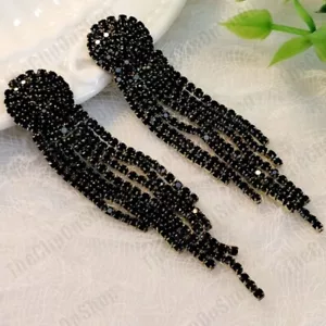 CLIP ON 3"long JET BLACK CRYSTAL glass rhinestone EARRINGS vintage brass BIG 7cm - Picture 1 of 2