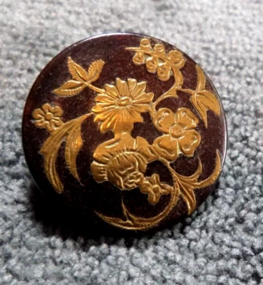 Fabulous Antique Horn Gold Inlay Button FLOWERS - Image 1 of 4